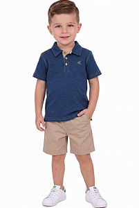 Conjunto Infantil Calvin Klein Polo Azul e Bermuda Caqui