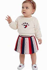 Conjunto Bebê Tommy Hilfiger - Blusa Pelúcia Off-White e Saia Plissada