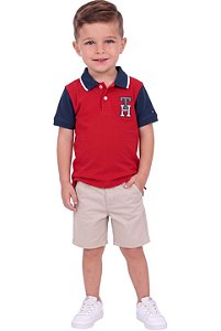 Conjunto Infantil Tommy Hilfiger Polo Vermelha e Bermuda Bege