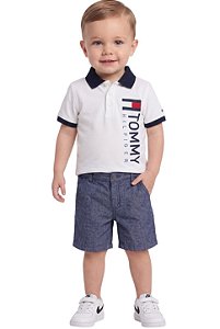 Conjunto Bebê Tommy Hilfiger Polo Branca e Bermuda Azul