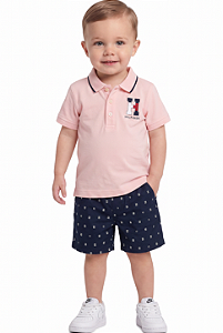 Conjunto Bebê Tommy Hilfiger Polo Rosa e Bermuda Azul-Marinho
