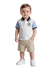 Conjunto Bebê Tommy Hilfiger Camisa Polo Off White e Bermuda Sarja
