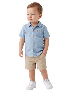 Conjunto Bebê Calvin Klein Camisa Jeans Azul-Claro e Bermuda Sarja Bege