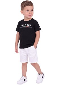 Conjunto Infantil Tommy Hilfiger Camiseta Preta e Bermuda Branca