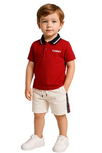 Camisa Polo Infantil Tommy Hilfiger Vermelha Gola Tricolor