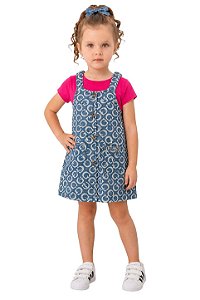 Conjunto Infantil Salopete Jeans Estampa Guess e Blusa Rosa Pink