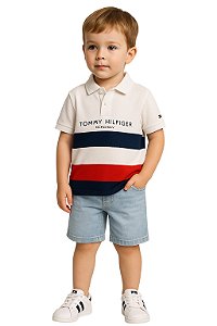Camisa Polo Infantil Tommy Hilfiger Branca Listras Marinho e Vermelho