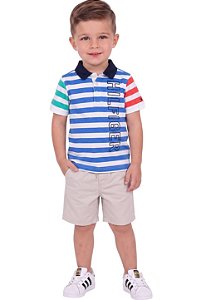 Conjunto Infantil Tommy Hilfiger Polo Listrada e Bermuda Bege