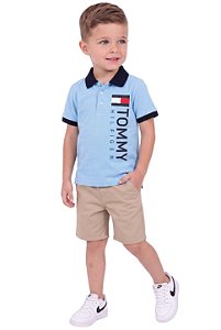 Conjunto Infantil Tommy Hilfiger Polo Azul e Bermuda Caqui
