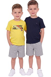 Conjunto Infantil Tommy Hilfiger 3 Peças Camisetas Amarela e Azul-Marinho e Bermuda