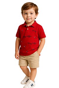 Camisa Polo Infantil Tommy Hilfiger Vermelha Bandeirinhas
