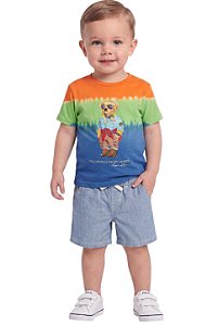 Conjunto Bebê Ralph Lauren Polo Bear Camiseta Tie-Dye e Bermuda Chambray