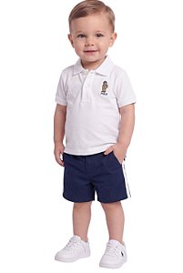 Conjunto Bebê Polo Ralph Lauren Polo Bear Branco e Shorts Azul-Marinho