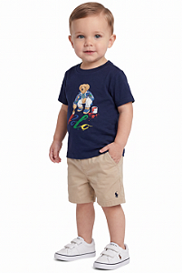 Conjunto Bebê Ralph Lauren Polo Bear Camiseta e Bermuda de Sarja Bege