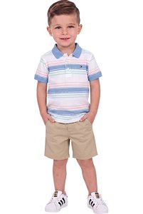Conjunto Infantil Tommy Hilfiger Polo Listrada e Bermuda Caqui