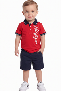 Conjunto Bebê Tommy Hilfiger Polo Vermelha e Bermuda Azul-Marinho