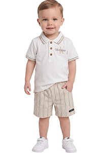 Conjunto Bebê Calvin Klein Polo Off-White e Bermuda Listrada
