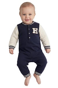 Macacão Bebê Tommy Hilfiger Estilo Varsity Azul-Marinho e Off White