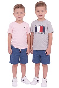 Conjunto Infantil Tommy Hilfiger 3 Peças Camisetas Cinza e Rosa e Bermuda