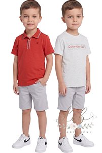 Conjunto Infantil Calvin Klein 3 Peças Polo, Camiseta e Bermuda