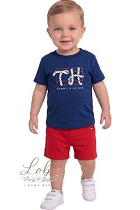Conjunto Bebê Tommy Hilfiger – Camiseta Azul Royal e Short Vermelho