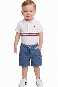 Conjunto Bebê Tommy Hilfiger Boddy Branco e Bermuda Jeans Cargo