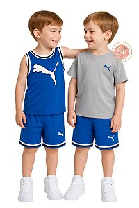 Conjunto Infantil Puma 3 Peças – Regata e Bermuda Azul, Camiseta Cinza