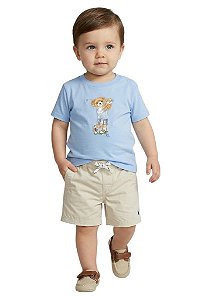 Conjunto Bebê Ralph Lauren Camiseta Bear Azul Claro e Shorts Bege