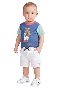 Conjunto Bebê Ralph Lauren Polo Bear Camiseta e Bermuda Branca
