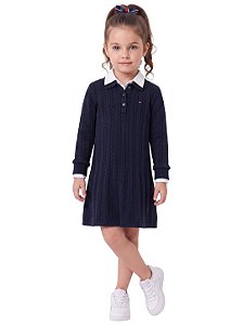 Vestido Infantil Tommy Hilfiger Polo em Tricô Trançado Azul Marinho