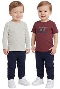 Conjunto Bebê 3 peças Tommy Hilfiger T-Shirt, Blusa Térmica e Calça Jogger