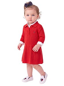 Vestido Bebê Tommy Hilfiger Polo em Tricô Trançado Vermelho