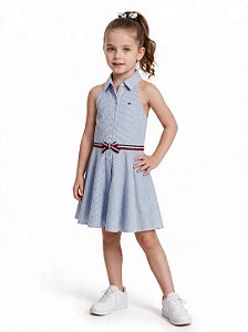 Vestido Infantil Tommy Hilfiger Listrado Azul e Branco com Laço