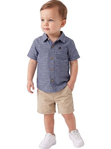 Conjunto Bebê Calvin Klein Jeans Camisa Azul Bermuda Sarja Bege