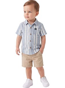 Conjunto Bebê Calvin Klein Camisa Listrada Azul e Bermuda Sarja Bege