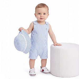Romper Bebê Tommy Hilfiger Listrado Azul com Chapéu