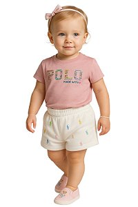 Conjunto Infantil Polo Ralph Lauren – Camiseta Rosé + Short Branco Pony Bordado