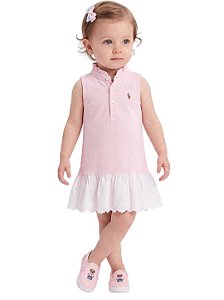 Vestido Bebê Polo Ralph Lauren Rosa com Babado em Laise