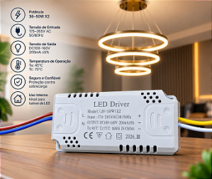 Driver LED 36-50W X2 Para Lustre LED 3 Anéis 200mA
