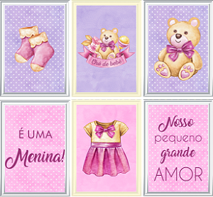 Quadro Decorativo Chá de Bebê Menina - 06 unidades