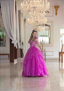 Vestido de Festa Debutante Rosa Pink Dois em Um Longo Bordado Jasmine Aluguel