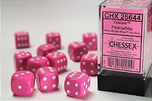 Opaque Pink/white 16mm d6 Dice Block (12 dice) - Importado