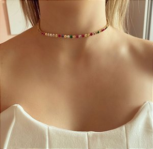 Chocker Luxo Riviera Mil Zircônias Colorida 4 mm Dourado