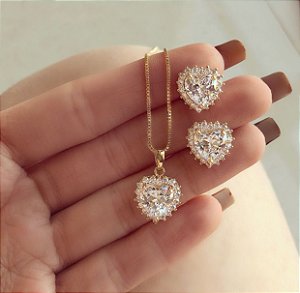 Conjunto Coração com Zircônias Diamond Dourado