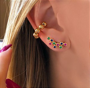 Ear cuff de Bolinhas de Zircônias Colorido Dourado