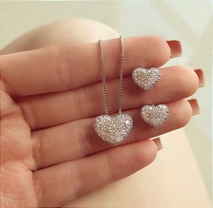 Conjunto Coração com Mil Zircônias Diamond Ródio Branco