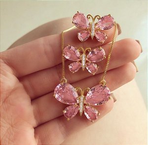 Conjunto Luxuoso Borboleta Cristal Safira Rosa e Zircônias Diamond Dourado