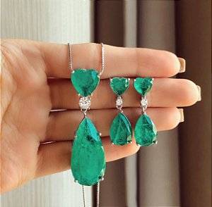 Conjunto Coração Pedra Fusion Verde Paraíba com Zircônia Diamond Ródio Branco