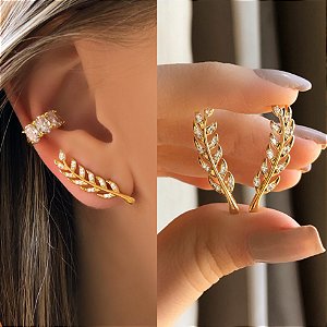 Brinco Ear Cuff Folhas com Zircônias Diamond Dourado