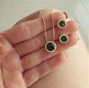 Conjunto Redondinho Cristal Verde Esmeralda e Zircônias Diamond Dourado